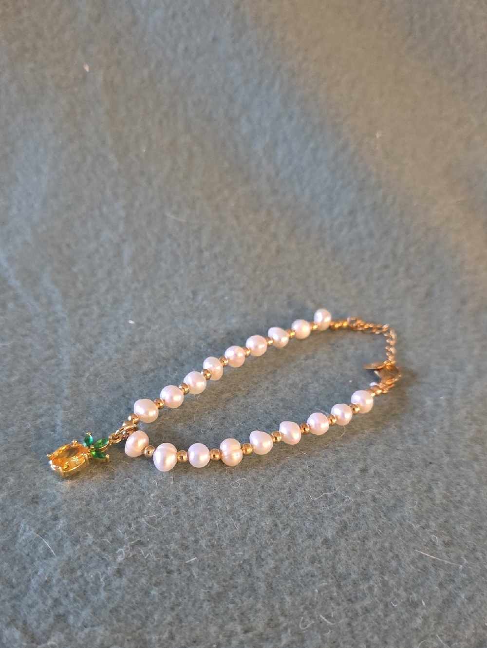 Gold Pearl Bracelet with Citrine and Green Accent Charm (Pineapple Charm)